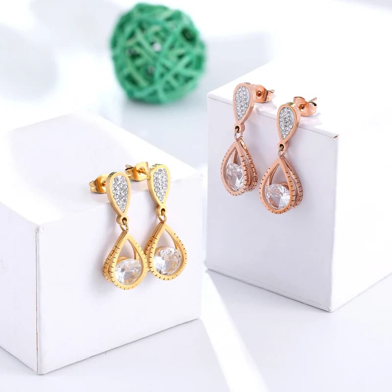 Water Drop Shape Crystal Drop Earrings in Stainless Steel - Beautiful Gold and Rose Gold Color Jewelry for Weddings and Gifts