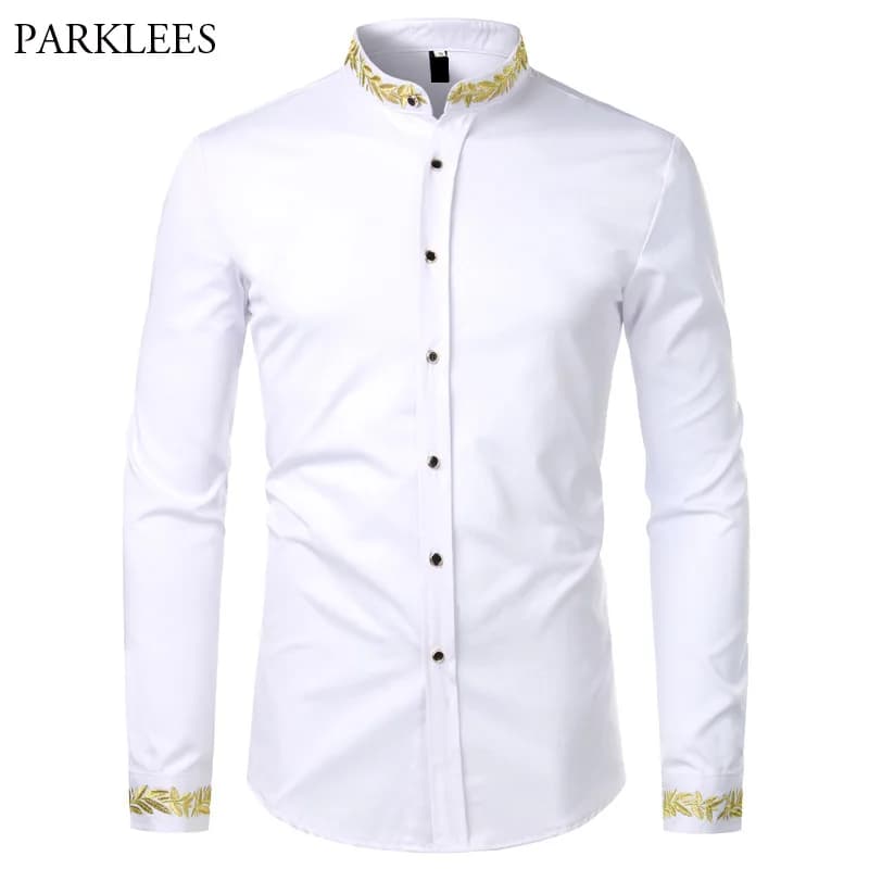 Brand New Gold Embroidery White Shirt Men - Stand Collar, Slim Fit, Long Sleeve