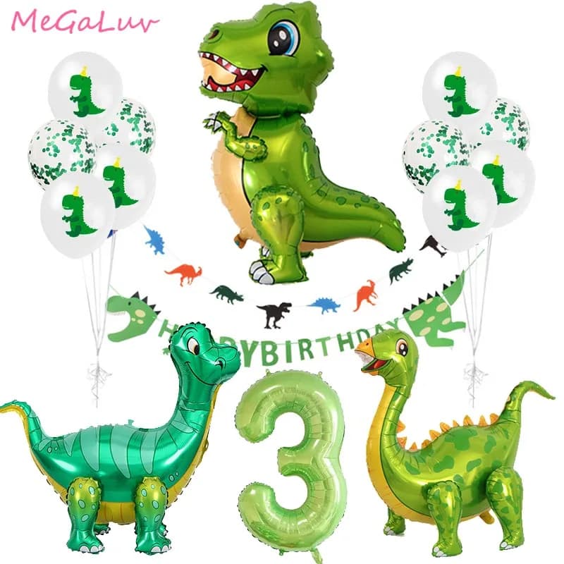 Green Dinosaur Foil Balloons - Perfect for 3rd Birthday Decorations, Dinosaur Party, Jungle Animal Theme - Supplies and Banner Included (Globos)