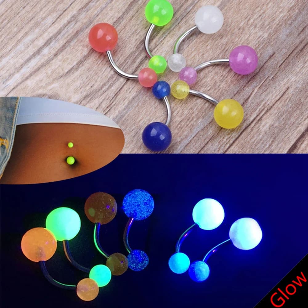 10 Pack Glow in the Dark Belly Rings - Women's Fashion Navel Bars - Mixed Color Punk Body Piercing Jewelry