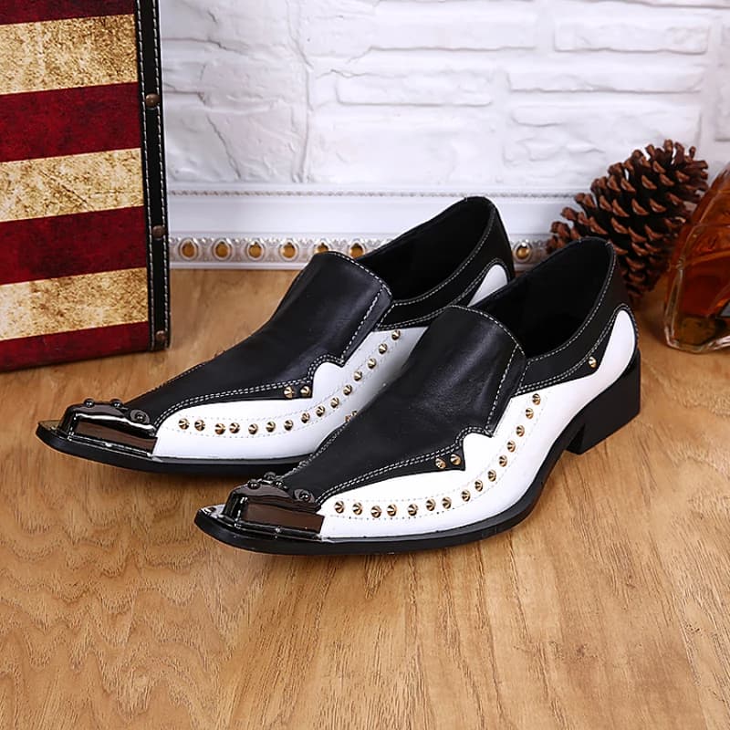 British Style Genuine Leather Rivet Men's Party Shoes - Christia Bella Black and White Metal Pointed Toe Footwear