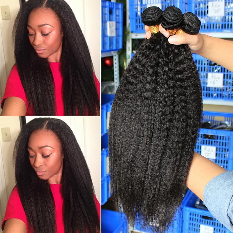 Dolago Extensions - Coarse Yaki Brazilian Virgin Hair Weave Bundles: Kinky Straight 100% Human Hair with Closure (2 & 3 Bundles)