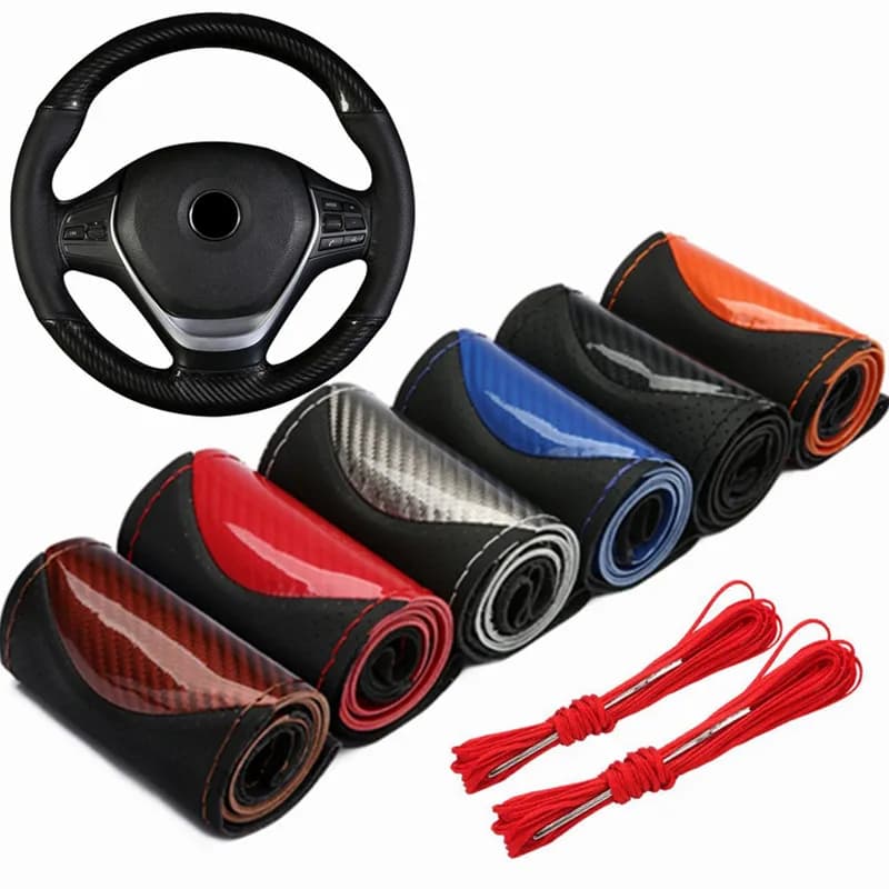 Crystal Carbon Fiber Hand-stitched Non-slip Leather Sports Steering Wheel Cover for Cars