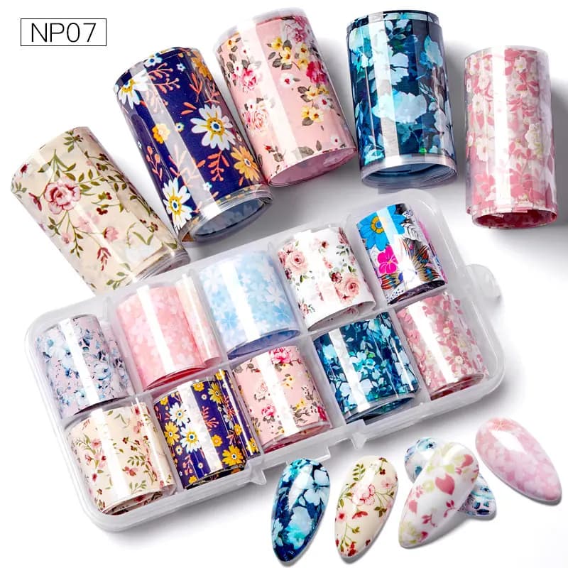 10 Rolls Flower Nail Art Transfer Foil Sticker Set - Starry AB Paper Wraps & Adhesive Decals for Nail Decoration