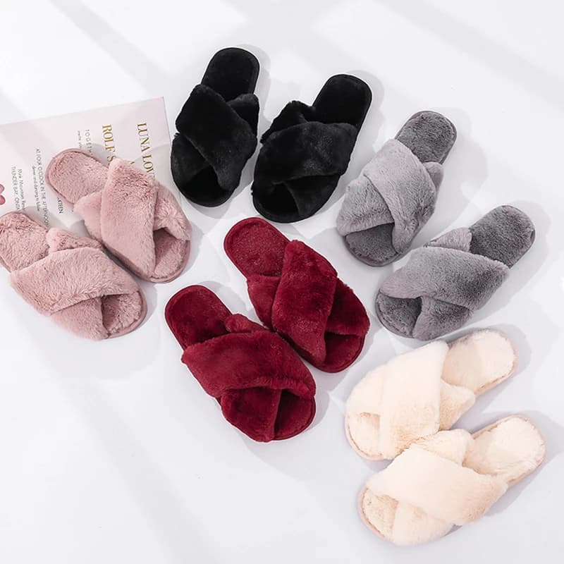 Winter Women House Slippers - Faux Fur Fashion Warm Shoes for Women - Slip-on Flats for Females - Black/Pink Cozy Home Furry Slippers