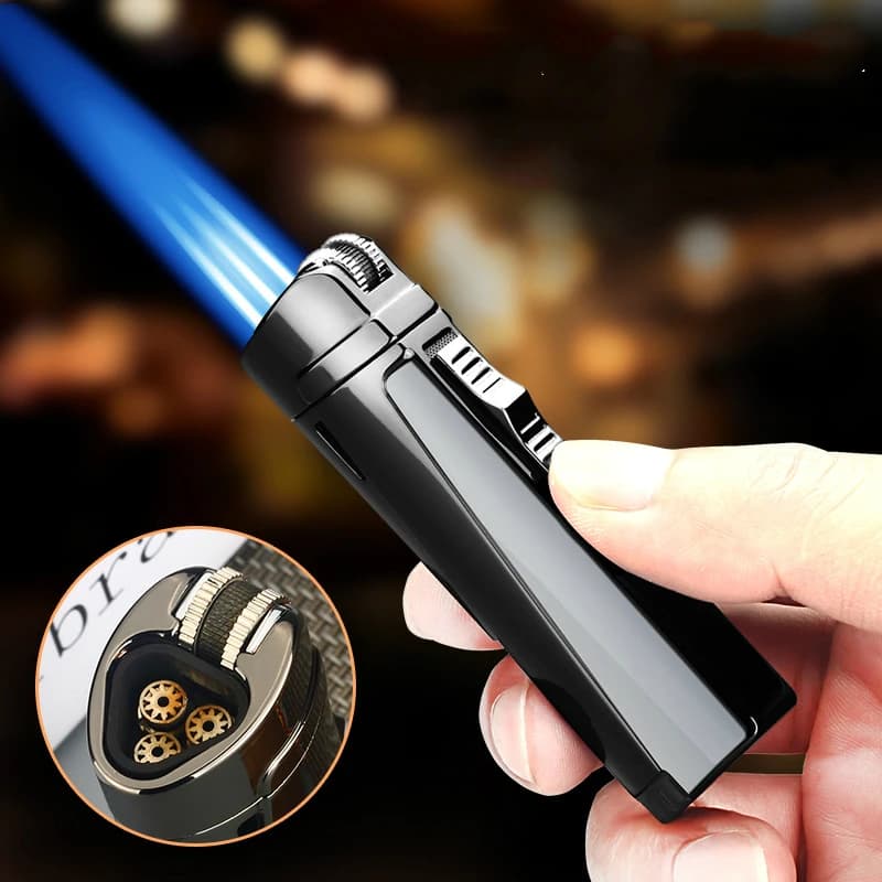 Portable Windproof Metal Lighter with Inflatable Grinding Wheel Switch and Three Straight Blue Flames - Ideal for Cigars, Welding, and More.