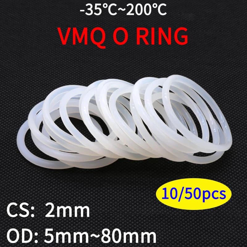 VMQ White Silicone Ring Gaskets - 10/50pcs - Food Grade Waterproof Rubber O-rings - 2mm CS, 5-80mm OD