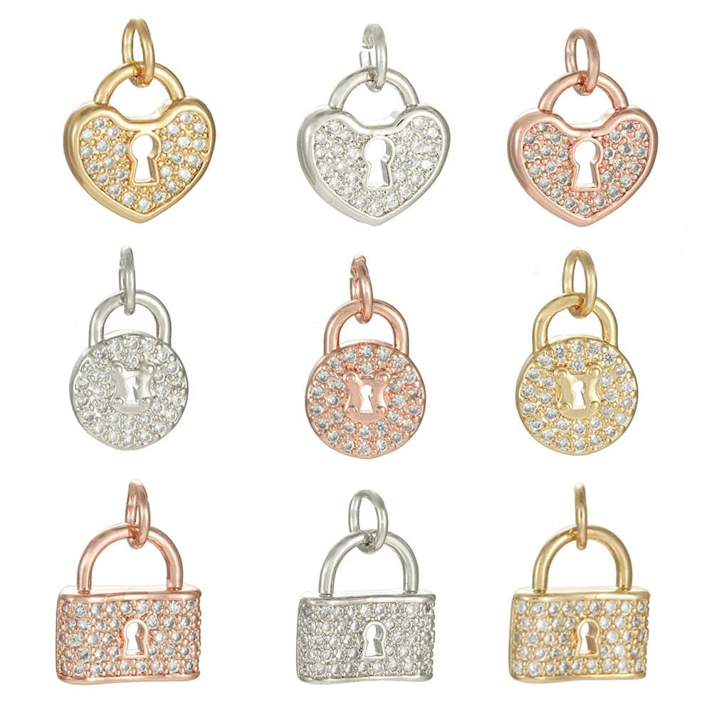 Gold CZ Zircon Lock Charms for Earrings and Necklace Making, Metal Copper Designer Pendant DIY Jewelry Supplies