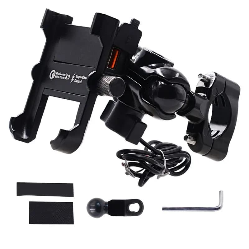 Waterproof Metal Motorcycle Smartphone Mount with QC 3.0 USB Quick Charger - Motorbike Mirror Handlebar Stand Holder for Samsung