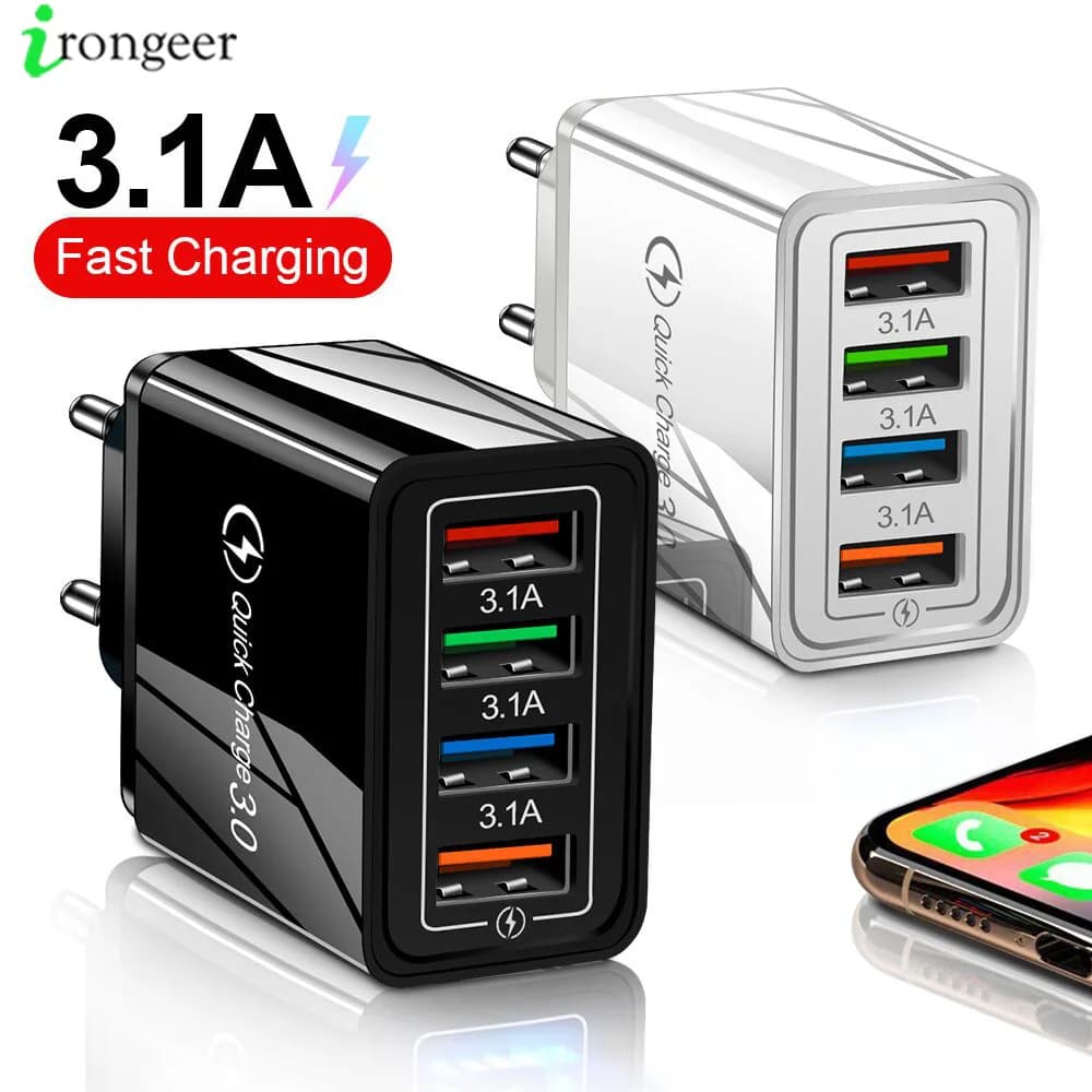 4-Port Fast Wall Charger with Quick Charge 3.0 and 4.0 for iPhone, Samsung, and Xiaomi Mobile Phones: Boost Your Charging Speeds