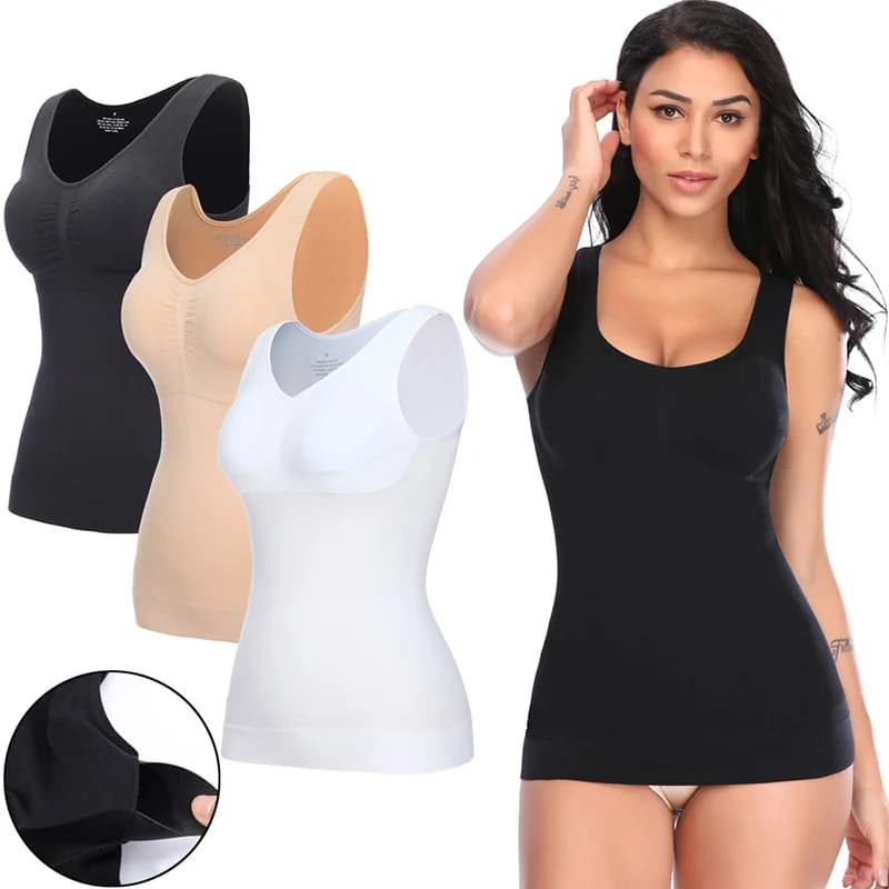 Tank Tops for Women - Built-in Bra Shelf Casual Wide Strap Camisole Sleeveless Top with Removable Bra - Basic Shaper