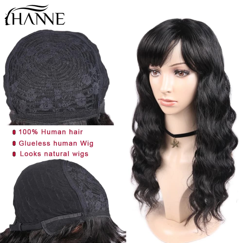 HANNE Loose Deep Wave Wigs with Bangs - 100% Brazilian Human Hair, Remy Wig for Black/White Women. Achieve a Natural Hair Look.