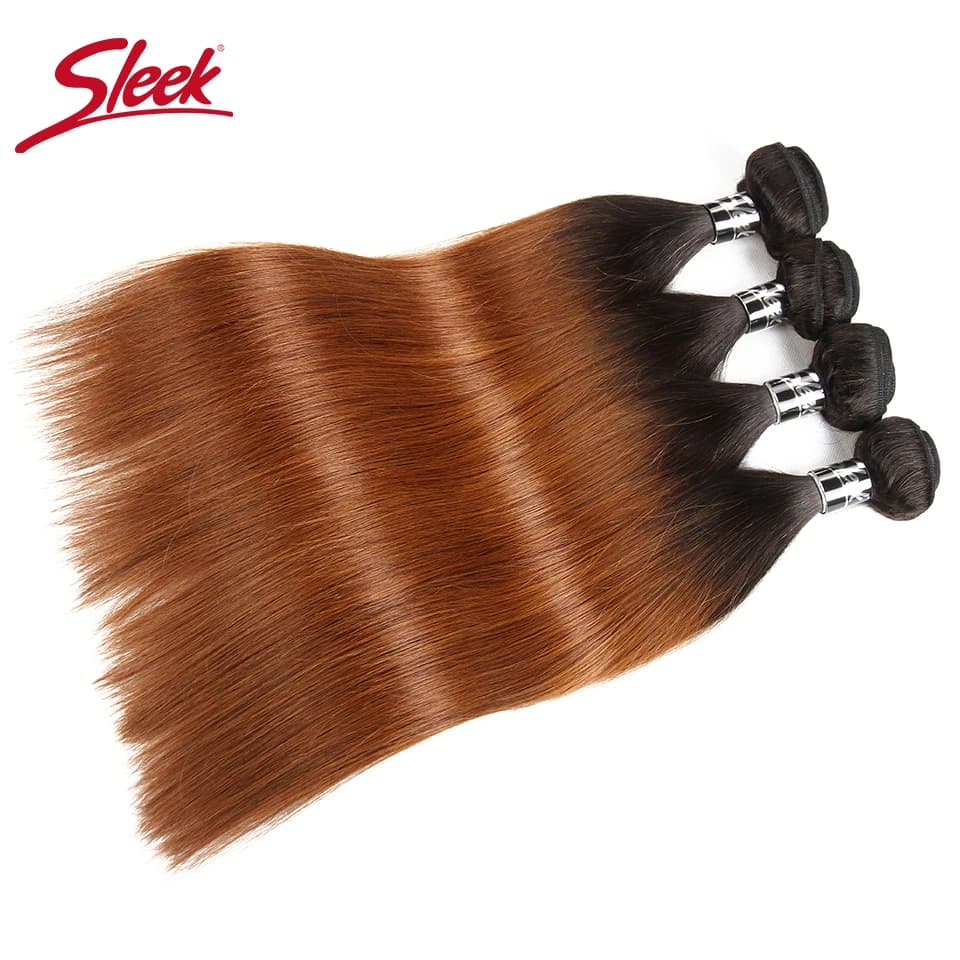 Brazilian Hair Weave Bundles Deal - Sleek 1B/30 Ombre Straight Human Hair, Two Tone Remy Hair 3/4 Pcs Weft Extensions in Lengths of 10 to 30 Inches