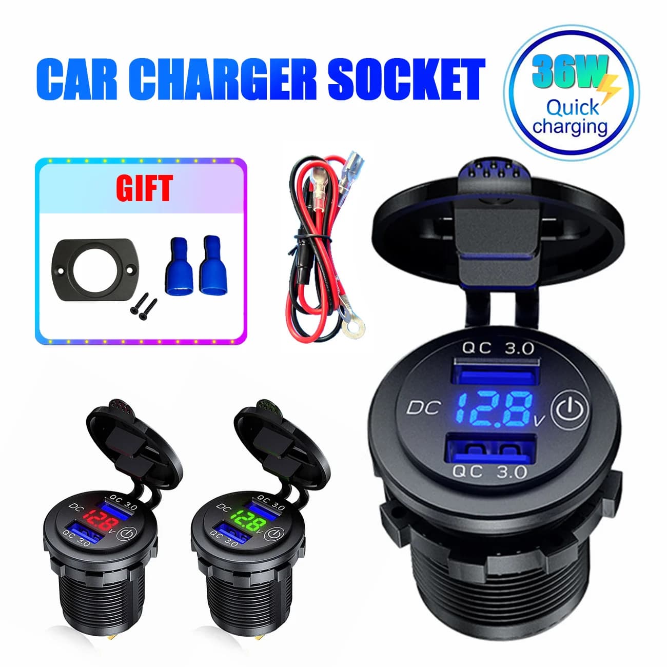 36W USB Charger with QC 3.0 Quick Charging - Dual USB Charger Socket with LED Display and Caps for Motorcycle, Truck, Boat, ATV, DVR, GPS