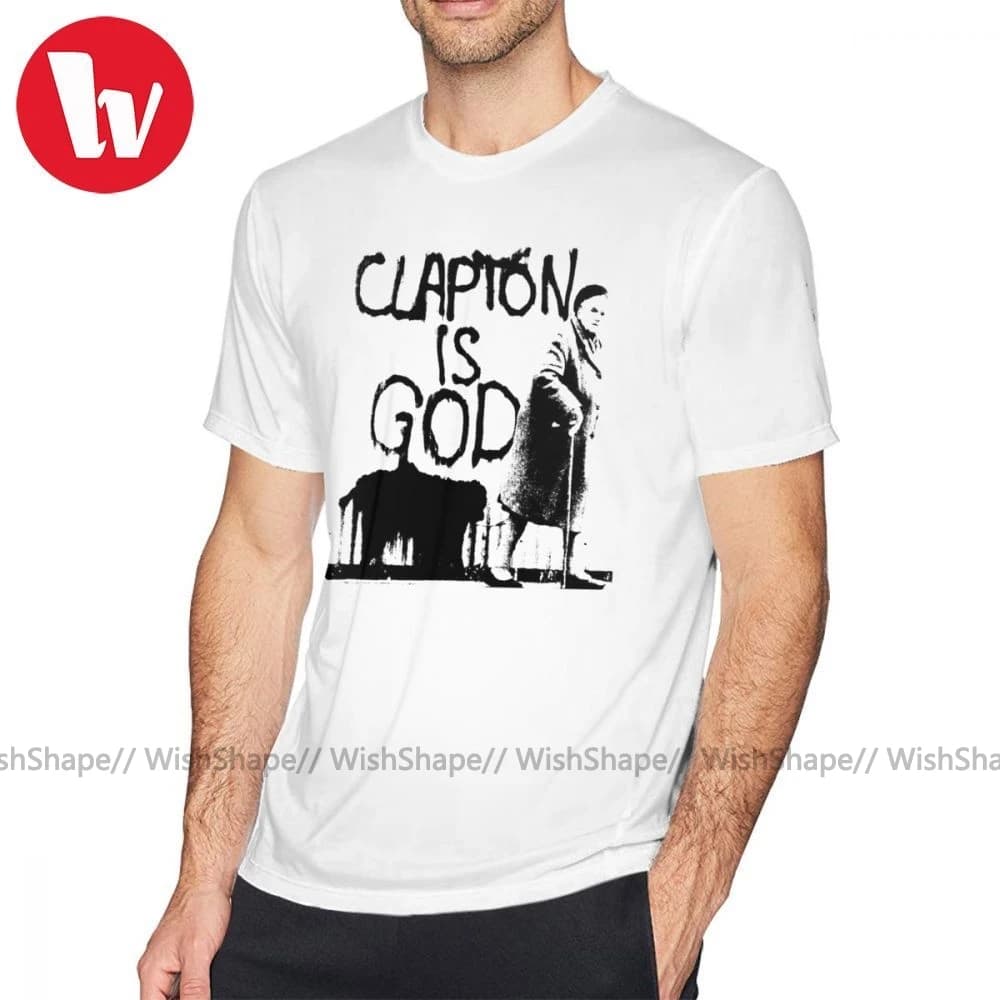 Eric Clapton Is God T-Shirt - Black on White Short Sleeve Fashion Tee for Men - 100% Cotton Printed Fun Shirt, Available in 6XL