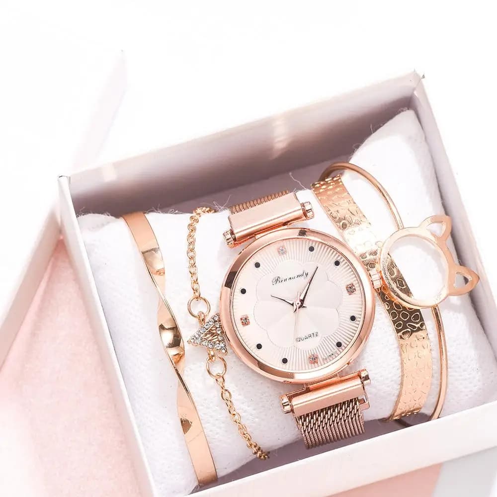 Women's Fashion Watch Set - 5pcs Luxury Magnet Buckle Flower Rhinestone Watches, Quartz Wrist Watch Bracelet Set for Ladies (Reloj Mujer)