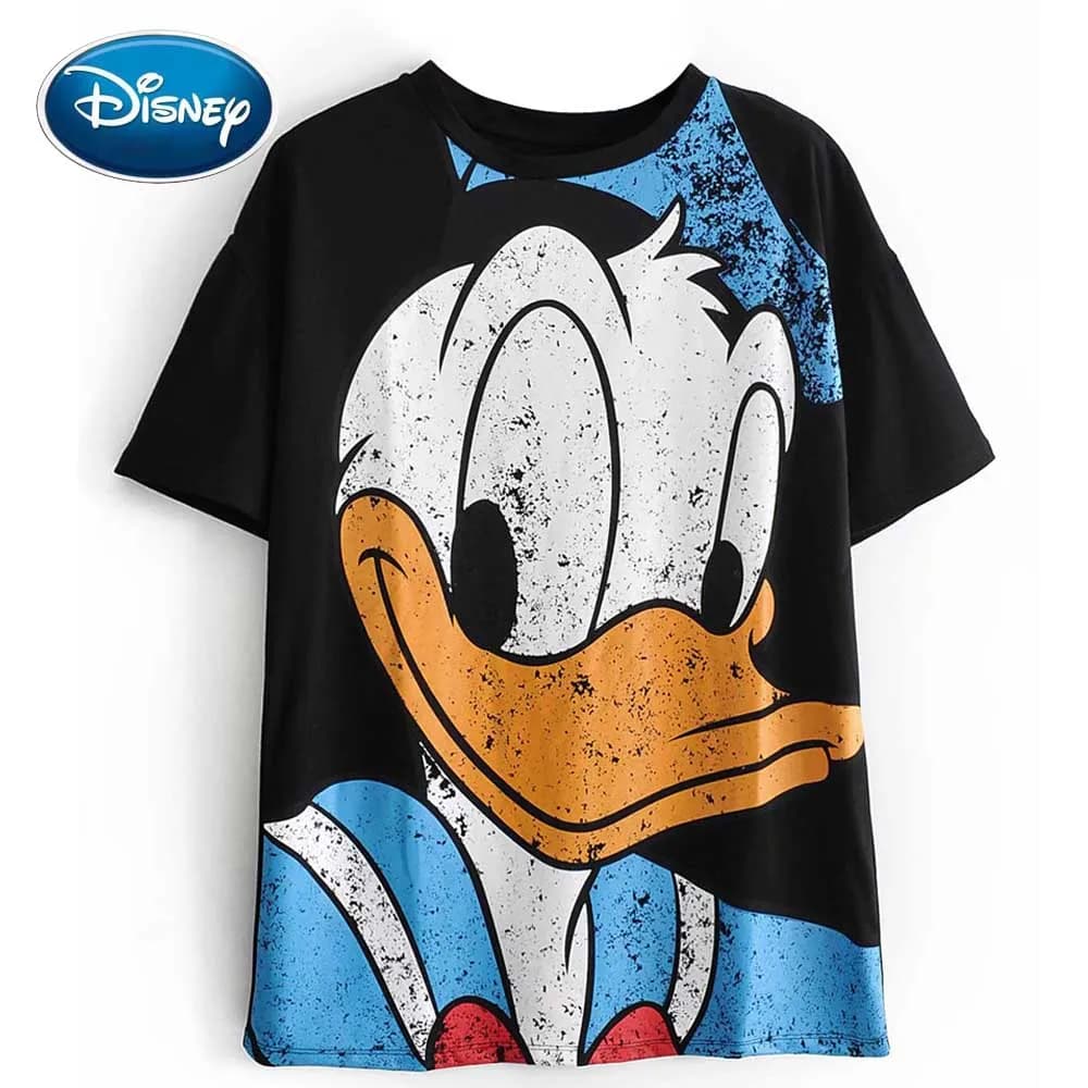 Disney Fashion Cute Donald Duck Cartoon Print Black T-Shirt O-Neck Pullover Short Sleeve Casual Sweet Women Loose Tee Tops with improved SEO optimization.