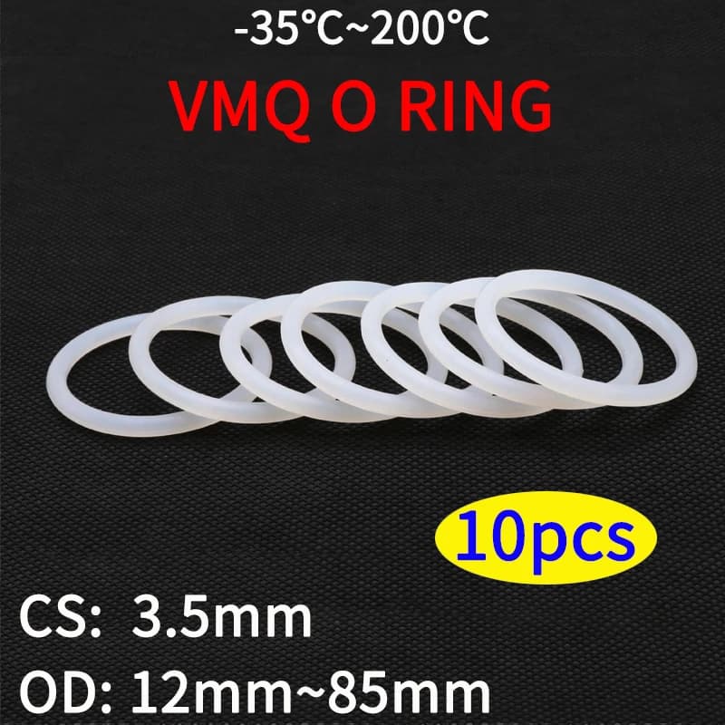 10 Pack Food Grade White VMQ Silicone O-Rings – CS 3.5mm, OD 12-85mm, Rubber Gasket Rings for Sealing and Industrial Use