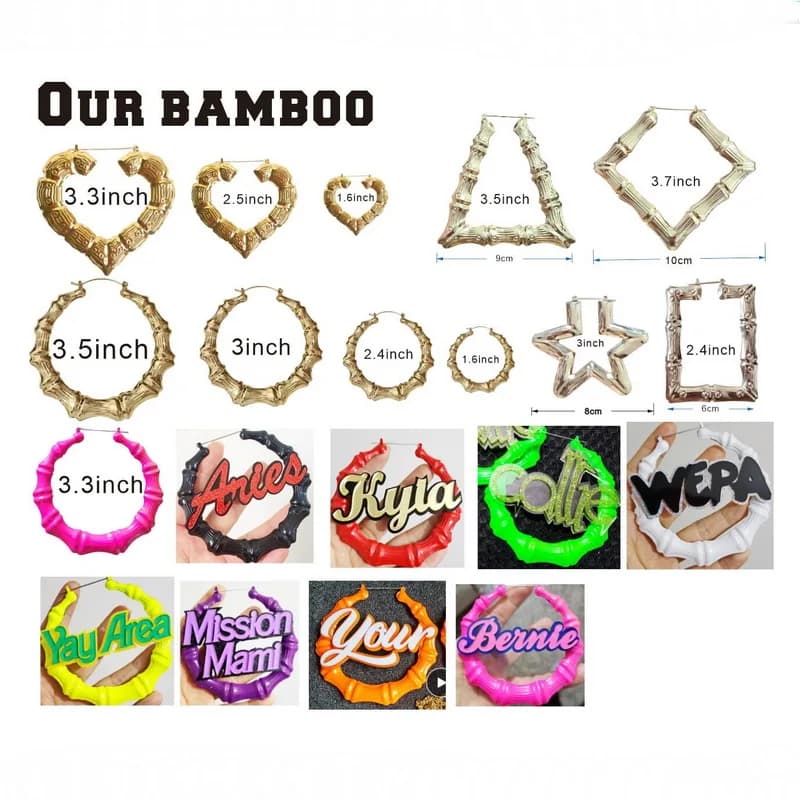 Customizable Name Earrings Bamboo Stylish Custom Hoop Earrings Words Statement Earrings C3