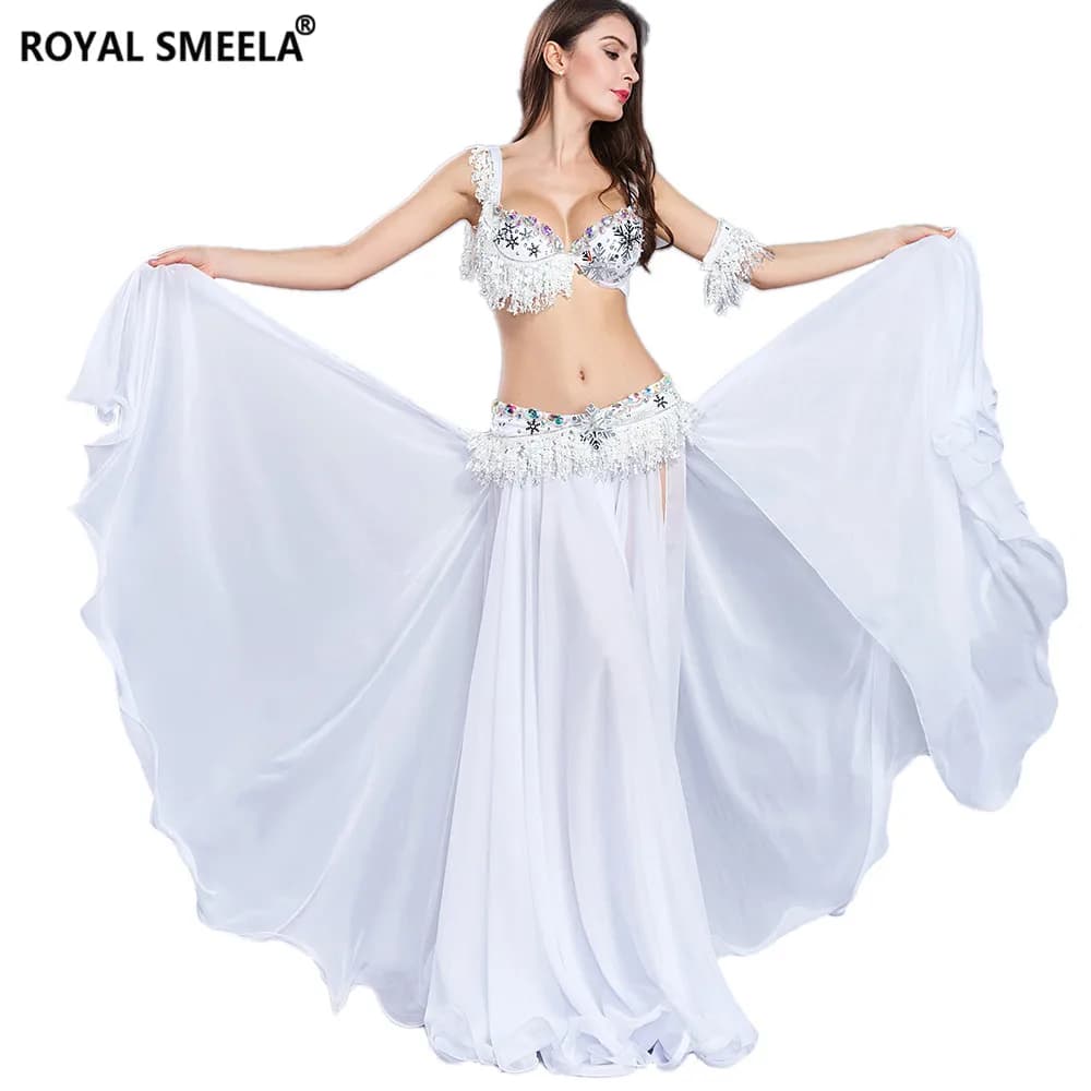 White Stage Performance Belly Dancing Clothing Set for Women - Belly Dance Costume with Bra, Belt, Skirt, and Armband