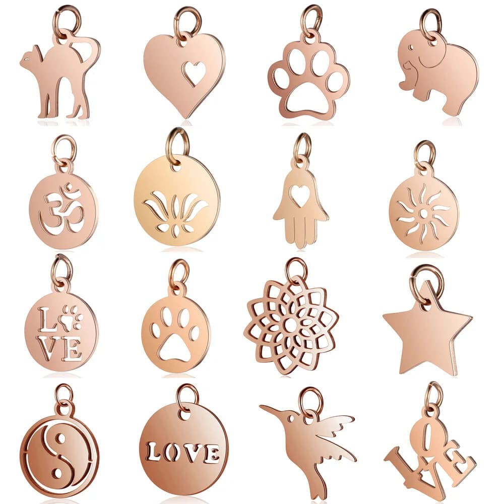 5pcs Rose Gold OM Charms - Stainless Steel Heart, Dog Paw, Sun, Star, and Hamsa Hand Pendants - Wholesale Jewelry Supplies