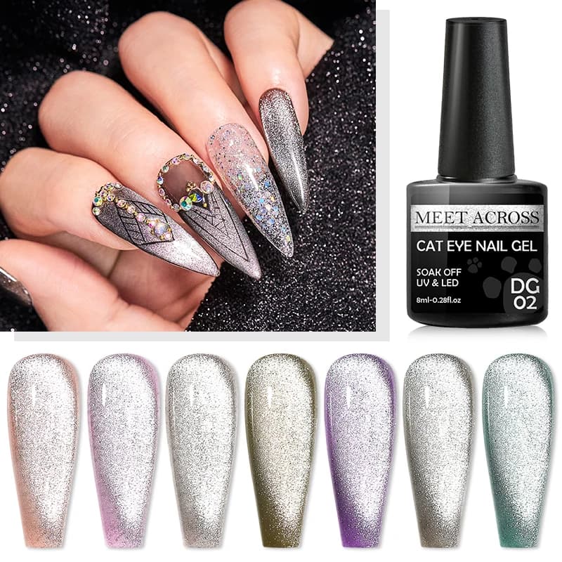 MEET ACROSS Magnetic Cat Eye Gel Nail Polish Set, 6ml/8ml UV Gel, Long Lasting Soak Off Base and Top Coat