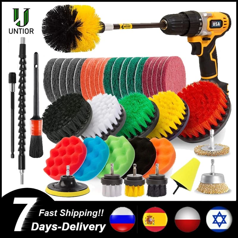 UNTIOR Drill Brush Attachment Set - Power Scrubber Brush for Car Polishing and Bathroom Cleaning - Kit with Extender for Kitchen Cleaning Tools