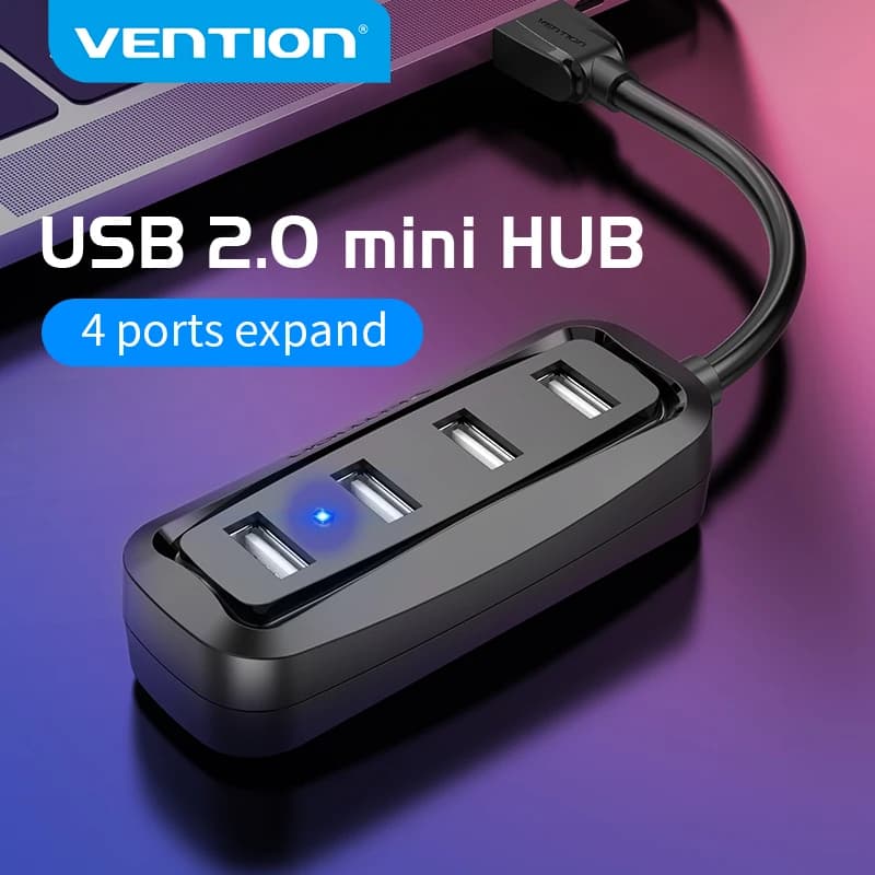 Vention USB Hub - USB 2.0 Hub, 4 Port USB Splitter with LED, USB Adapter for MacBook Pro, PC, Computer Accessories - Multi USB Hub