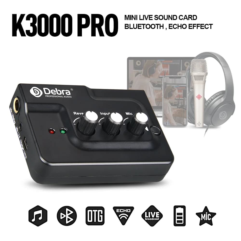 K3000 PRO Directed Sound Card Echo Audio Mixer Interface External with Bluetooth DSP Reverb Effect for Mic Instrumentation