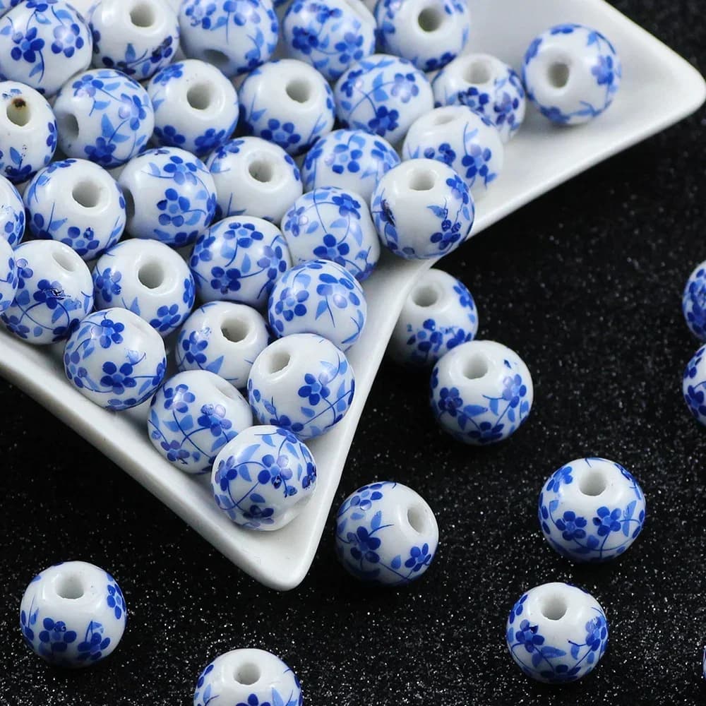 20pcs 8/10/12mm Vintage Blue And White Orchid Round Ceramic Beads For Jewelry Making DIY Bracelets Necklaces Beaded Accessories