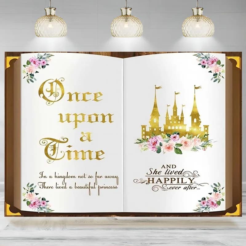 Once Upon A Time Backdrop Princess Birthday Decorations Photographic Background Fairy Tale Books Castle Flowers First Banner