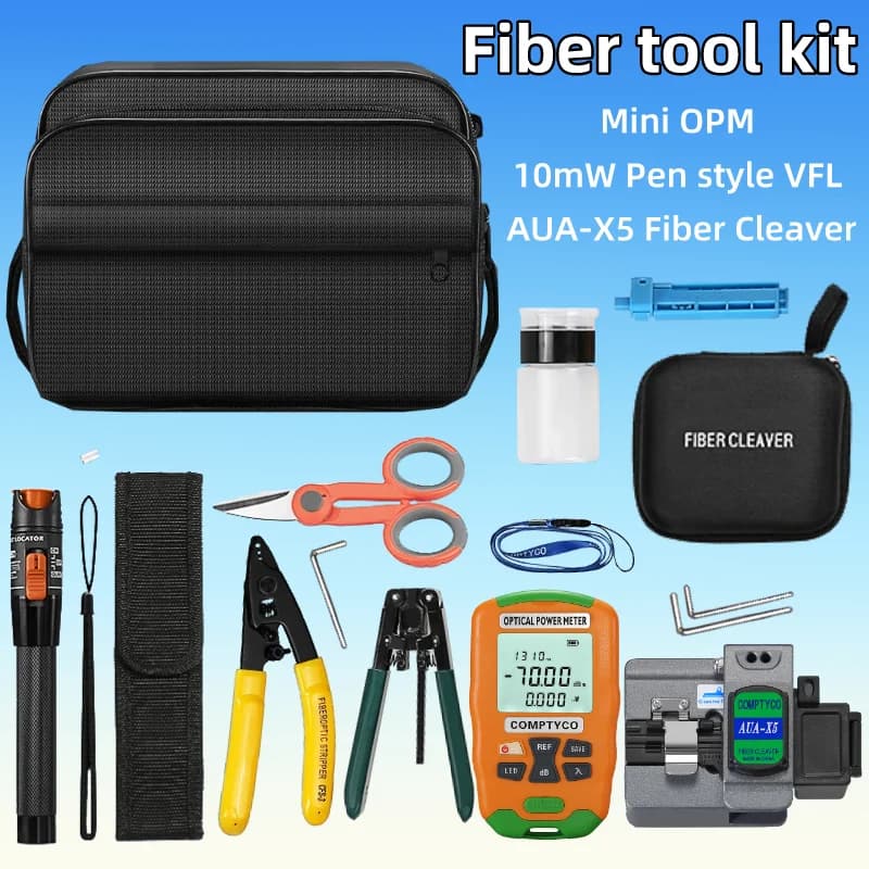 FTTH Fiber Optic Tool Kit With AUA-X5 Fiber Cleaver Fiber Stripper Mini Optical Power Meter Tester 10mW Visual Fault Locator VFL