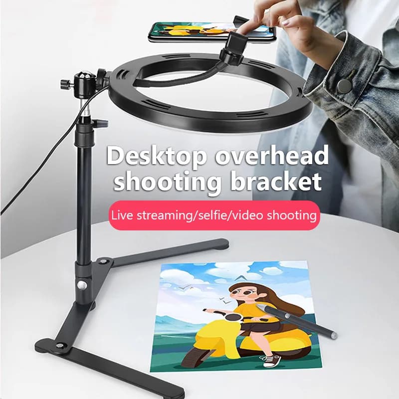 Universal Desktop Overhead Phone Holder with 10inch Circular Light for Still Life Shooting Suitable for Live Streaming Videos