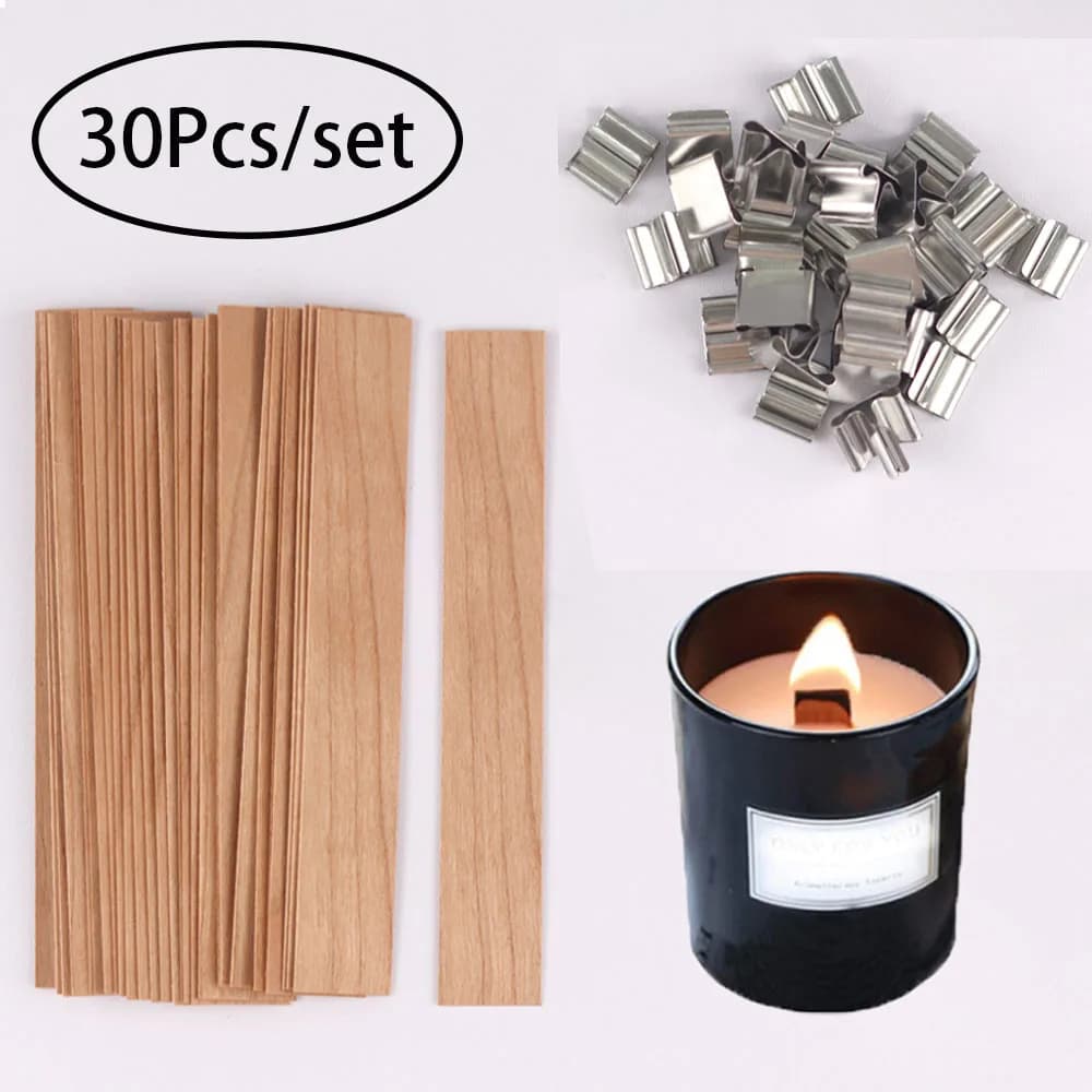30pcs Wooden Candle Wicks Candle Making Set Wicks with Clip Base Naturally Smokeless Wood Core for DIY Candle Jar Making Tools