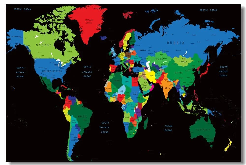 Custom Canvas Wall Art | Colored World Map Poster | Political Map Wallpaper | World Map Wall Sticker Mural | Decorative Wall Decals